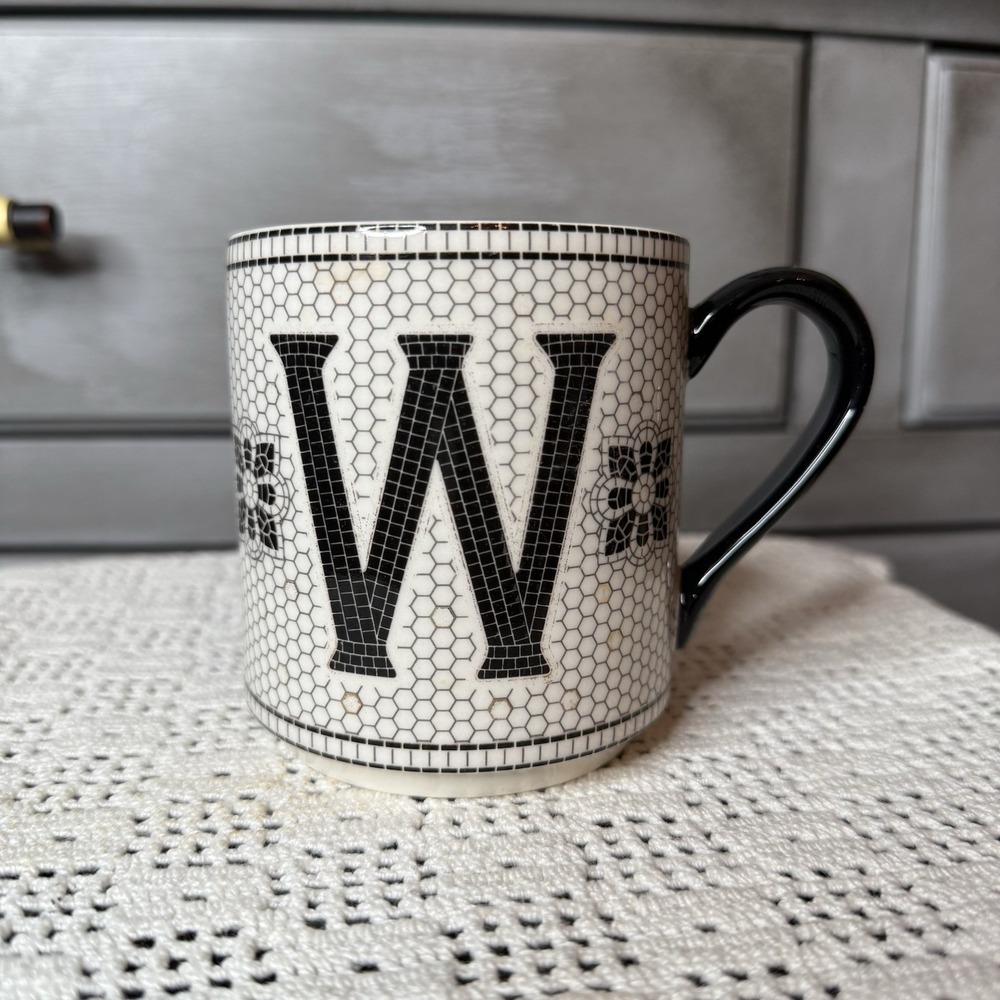 Anthropologie Coffee Cup Mug Initial Letter "W" Margot Mosaic Black White Gold